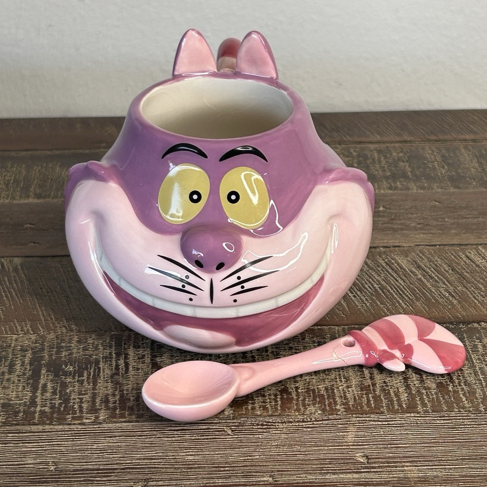 Disney‎ Cheshire Cat Mug Spoon Set Alice in Wonderland 12 Oz Coffee Tea Purple